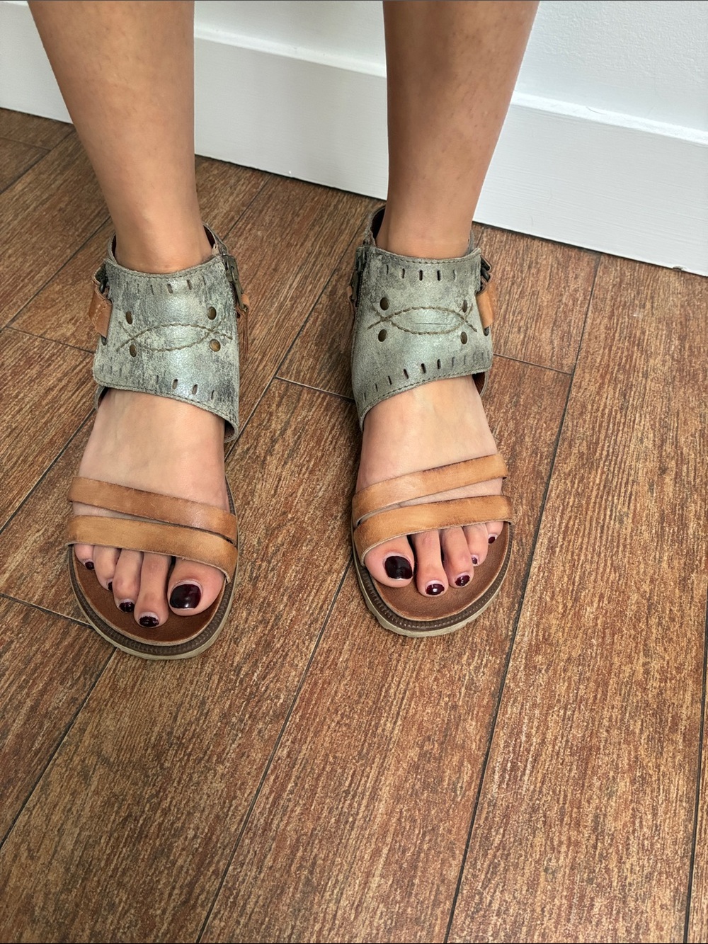 Miz Mooz Two-Tone Leather Ankle Strap Sandals in Tan & Olive Green